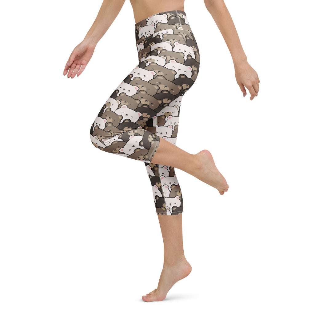 Women’s high-rise buttery soft yoga capri leggings in dark gray with white and brown cartoon bear pattern