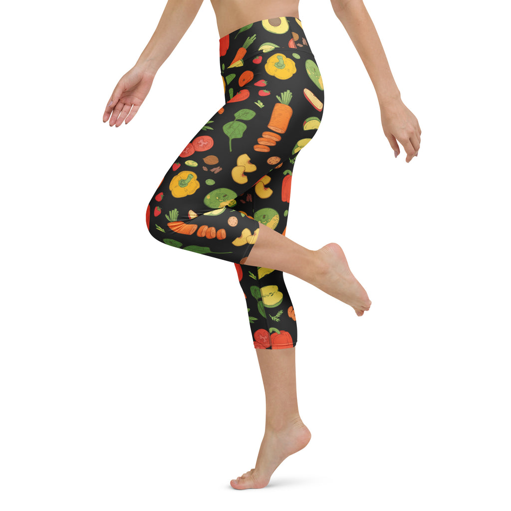 Black high-rise capri leggings with vibrant colorful vegetable print buttery soft moisture-wicking fabric