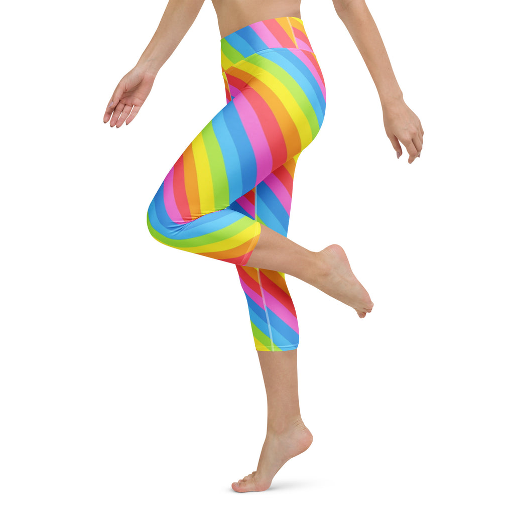 Women's Rainbow Stripe Buttery Soft Yoga Capri Leggings – High-Rise, Moisture-Wicking, Soft Stretch Activewear Pants