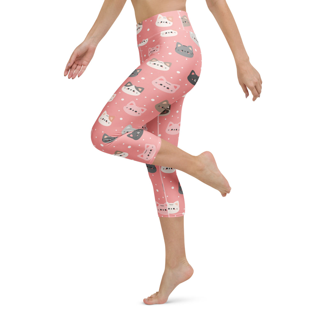 Women’s cute pink cat faces buttery soft high-rise moisture-wicking yoga capri leggings with playful cartoon cats