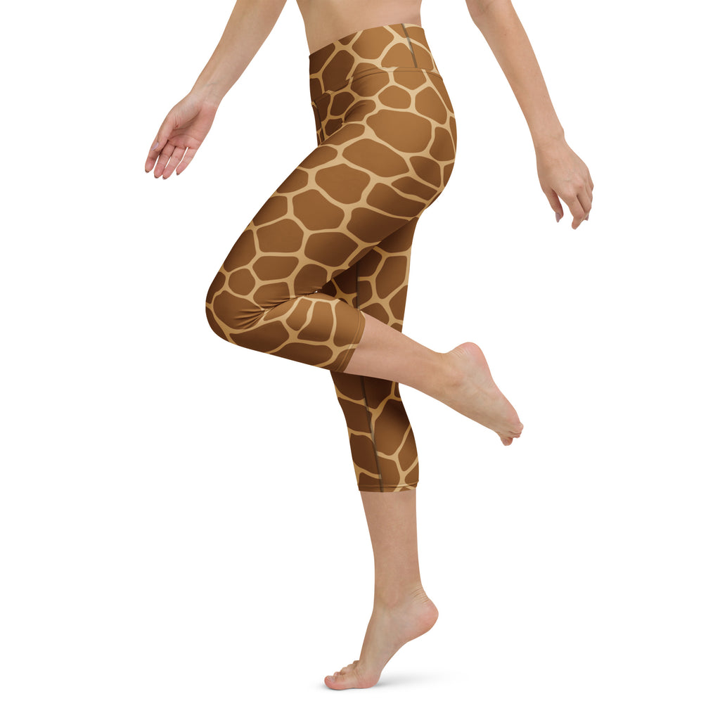 Women’s high-rise buttery soft yoga capri leggings with tan and brown giraffe print moisture-wicking stretch