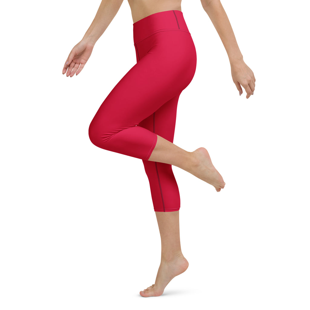 Women’s bright red high-waisted buttery soft yoga capri leggings with moisture-wicking stretchy fabric