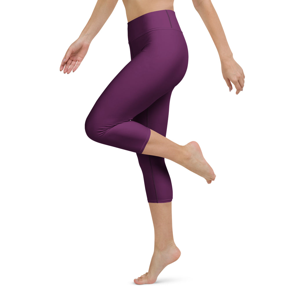 Women’s plum purple high-rise buttery soft yoga capri leggings with moisture-wicking stretch fabric