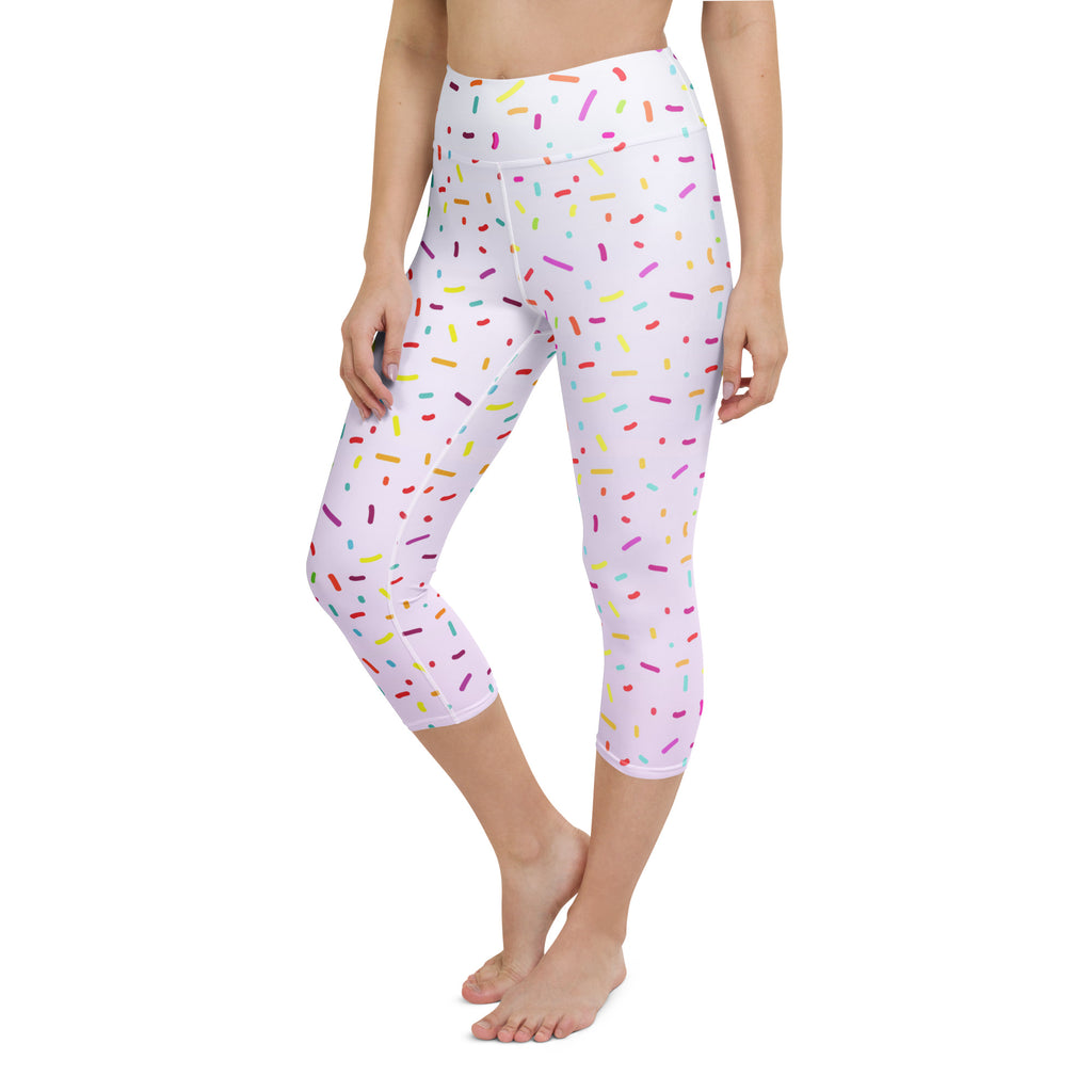 White high rise buttery soft capri leggings with colorful sprinkles pattern moisture wicking stretch activewear
