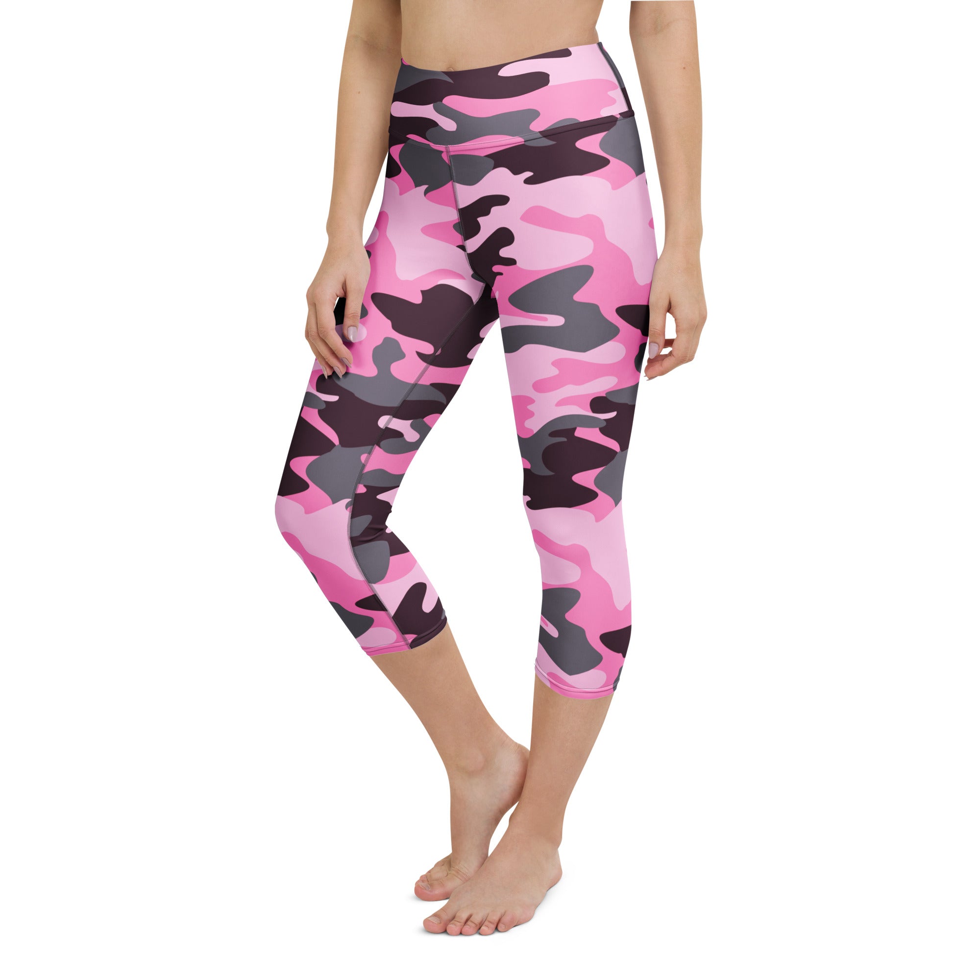 Women’s pink and gray camouflage buttery soft high-rise moisture-wicking yoga capri leggings front view