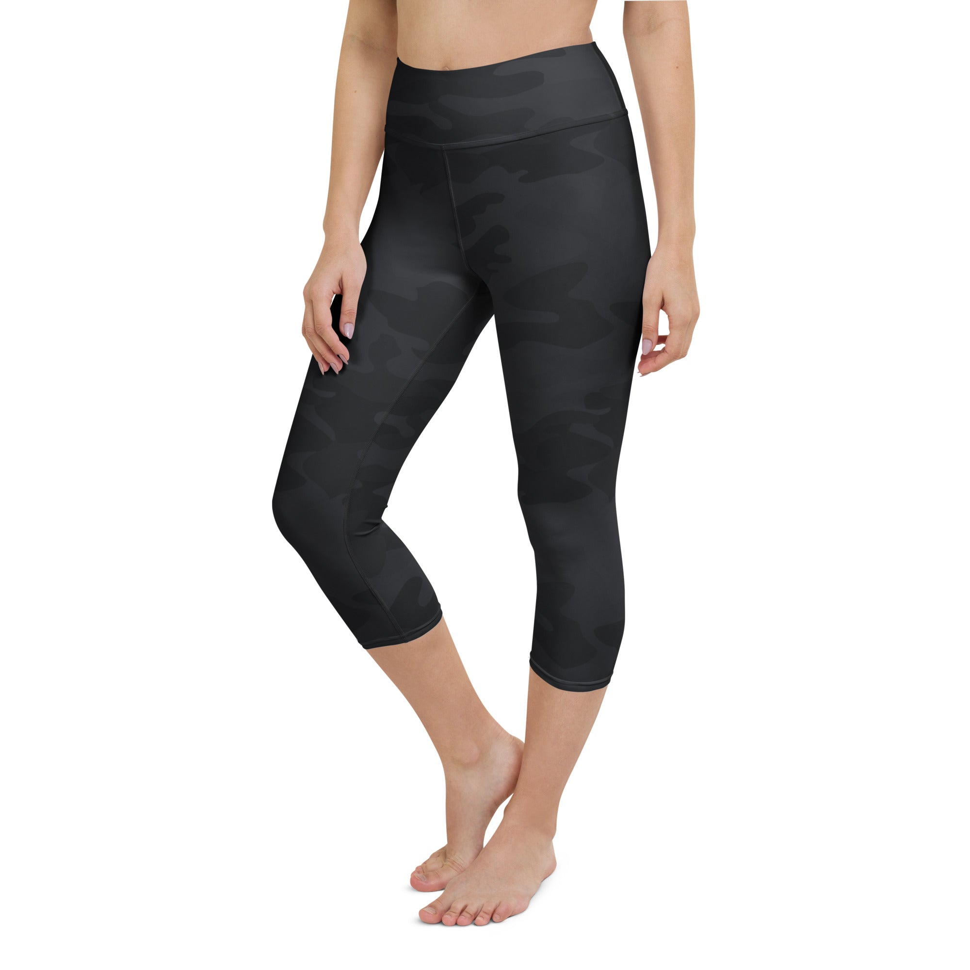 Women’s black camouflage buttery soft high-rise capri leggings made of moisture-wicking stretch fabric for yoga