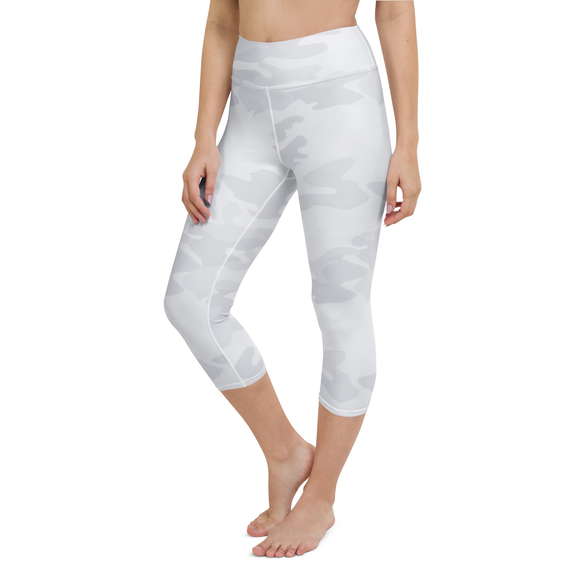 Women’s white camouflage buttery soft yoga capri leggings with high-rise waistband and moisture-wicking stretch fabric