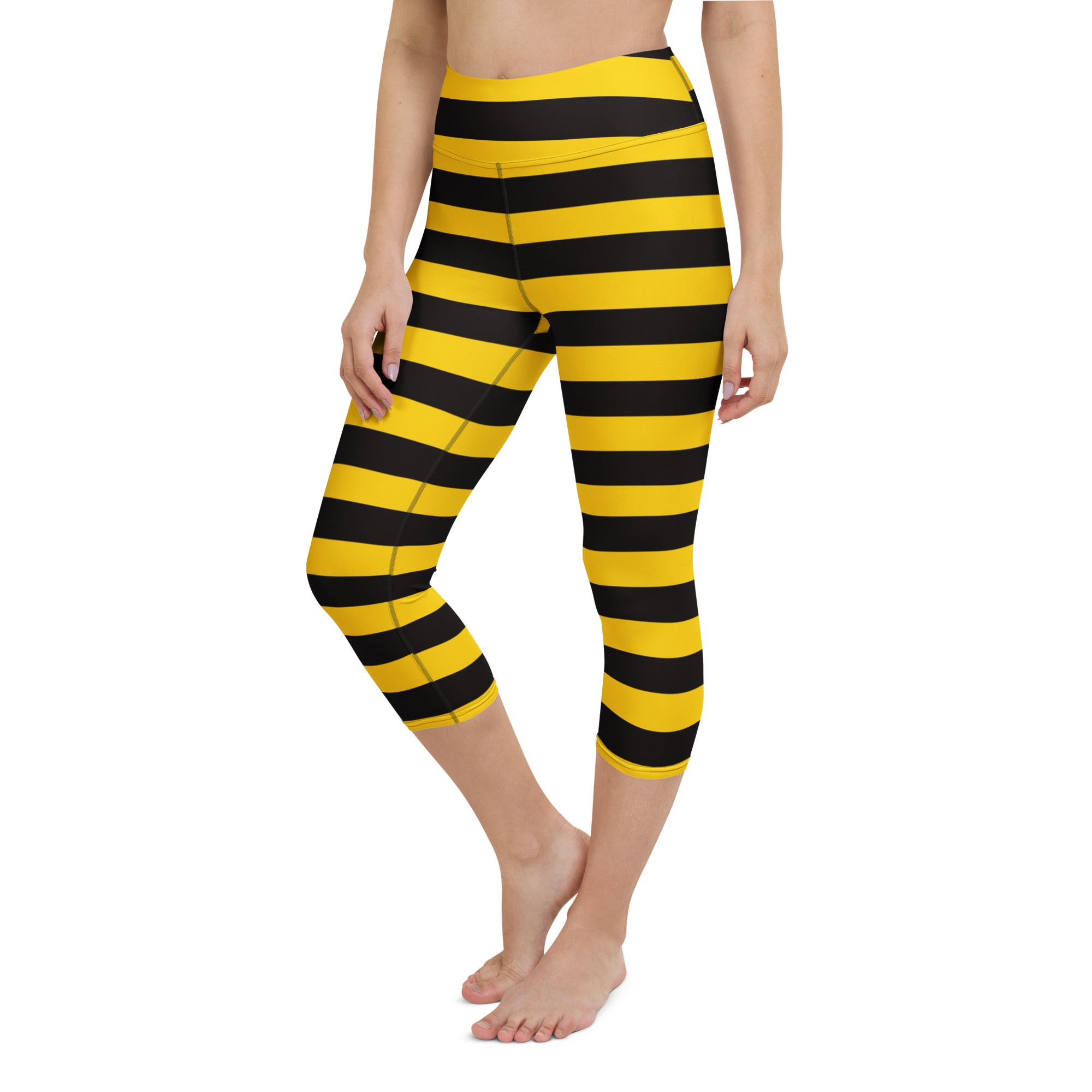 Women’s bumblebee stripe buttery soft yellow and black striped high-rise moisture-wicking yoga capri leggings