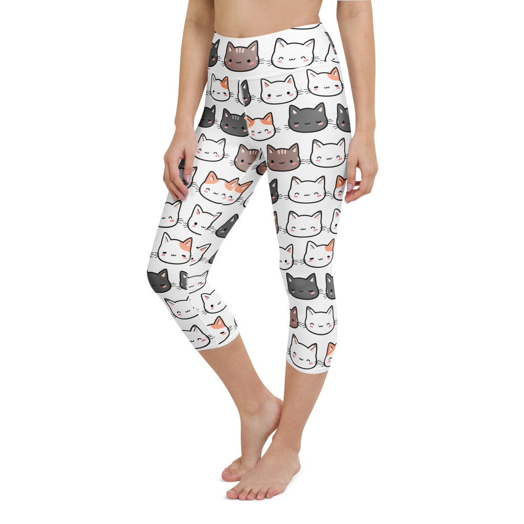 White capri leggings with colorful cartoon cats high rise buttery soft moisture wicking stretch activewear pants