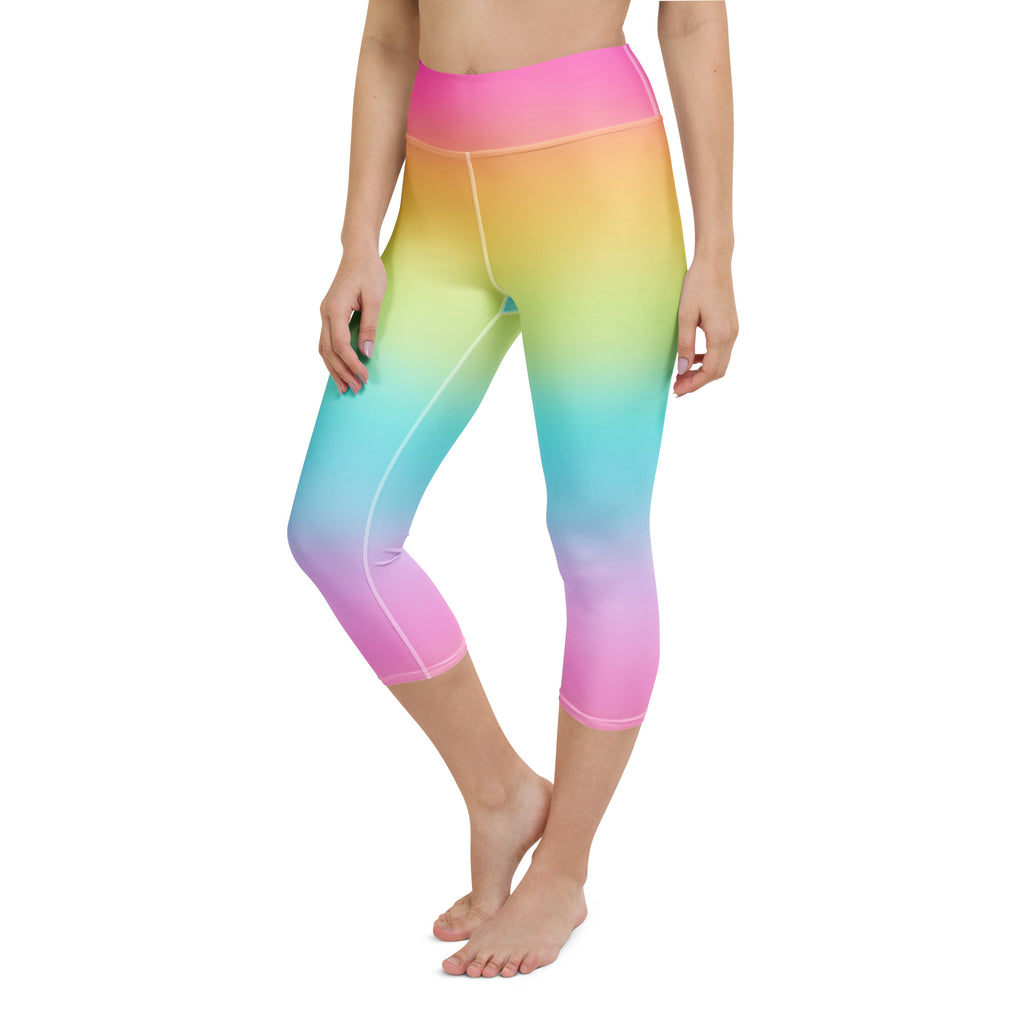 Women’s bright rainbow high-rise capri leggings in buttery soft moisture-wicking stretch fabric for activewear