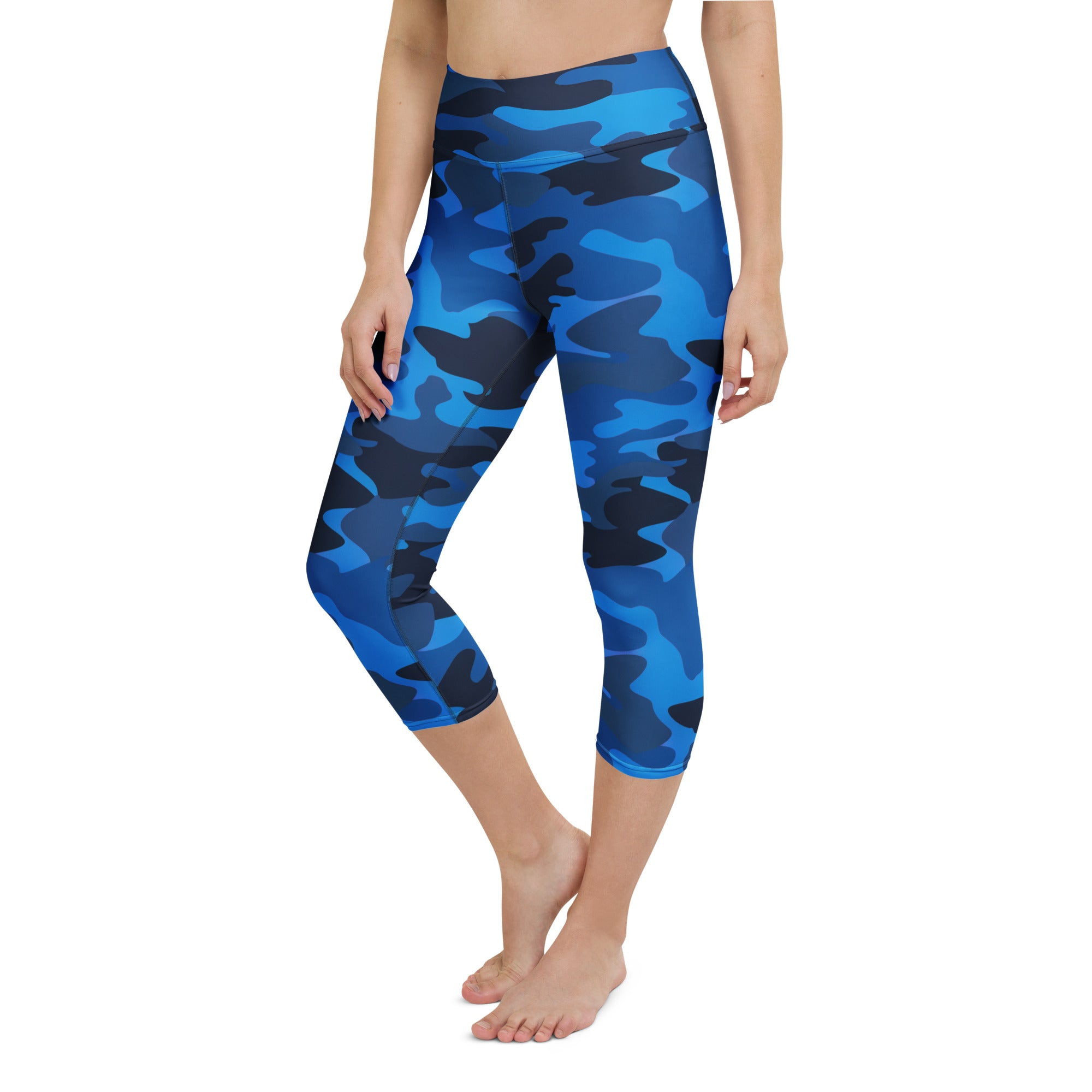 Women’s high-rise blue and black camouflage buttery soft yoga capri leggings with moisture-wicking stretch fabric