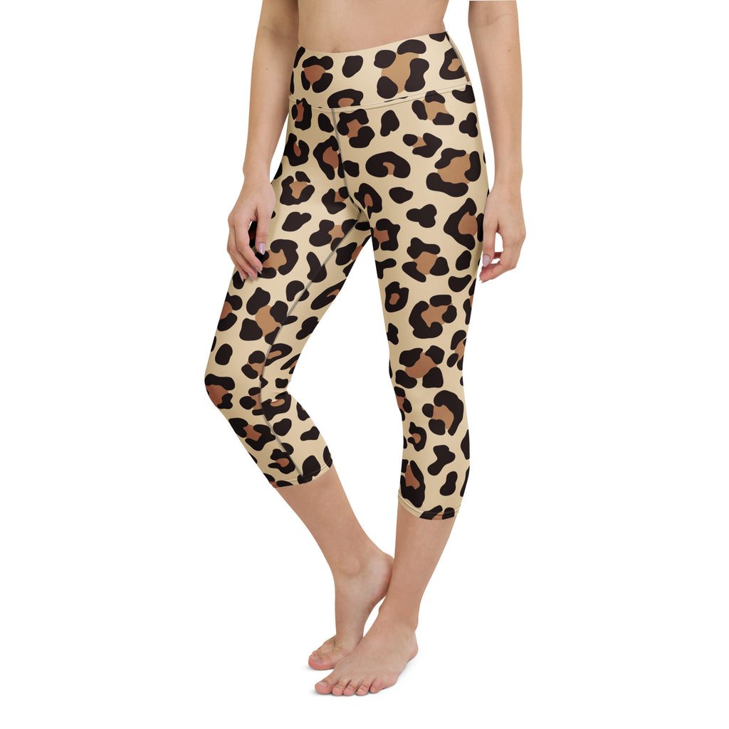 Beige leopard print buttery soft high-rise moisture-wicking yoga capri leggings with black and brown spots