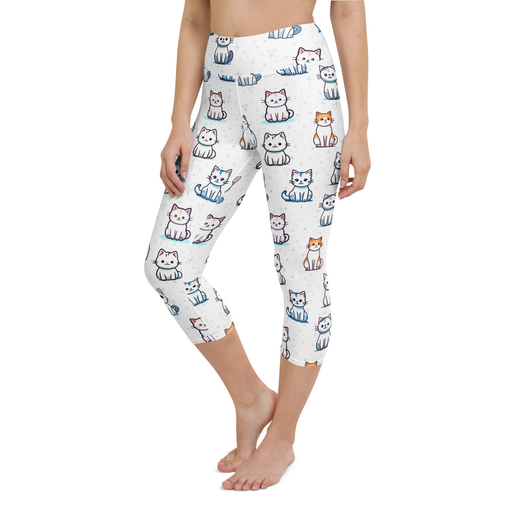 White capri leggings with playful multicolor cartoon cat print high rise buttery soft moisture wicking yoga pants