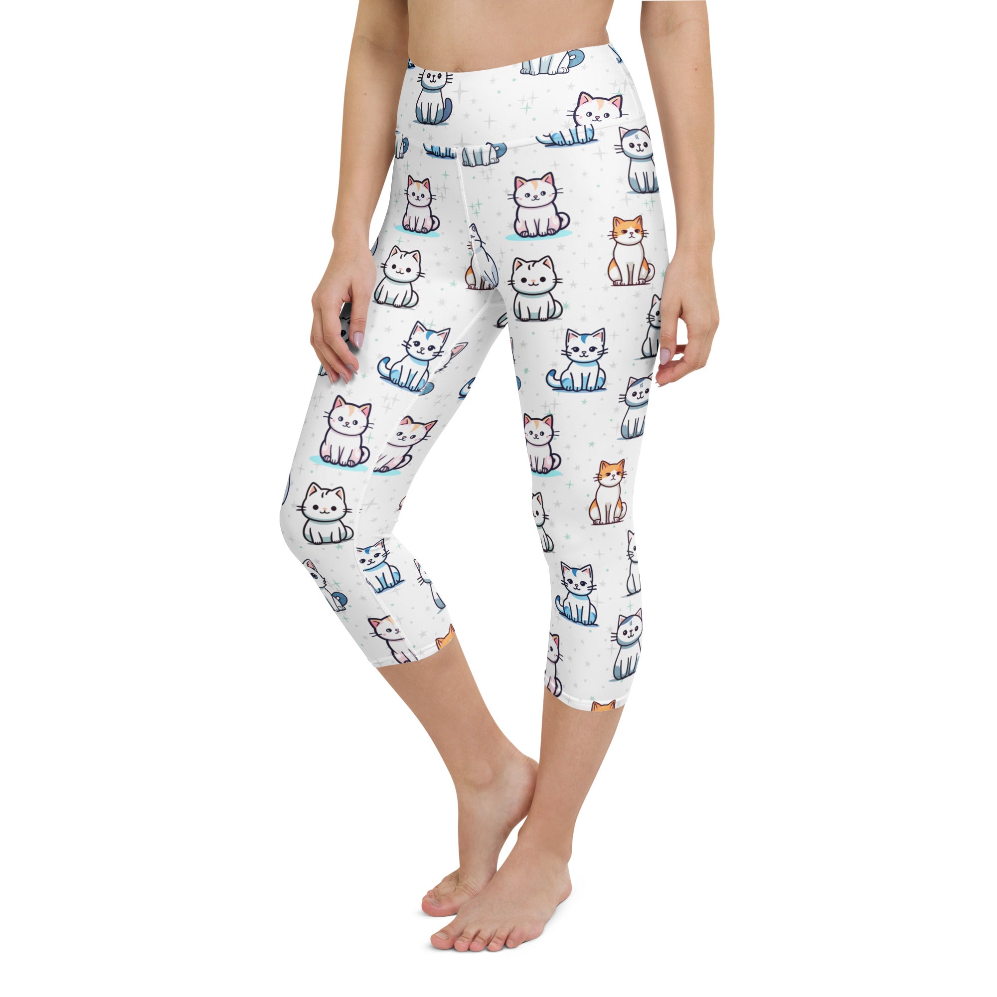 White capri leggings with playful multicolor cartoon cat print high rise buttery soft moisture wicking yoga pants