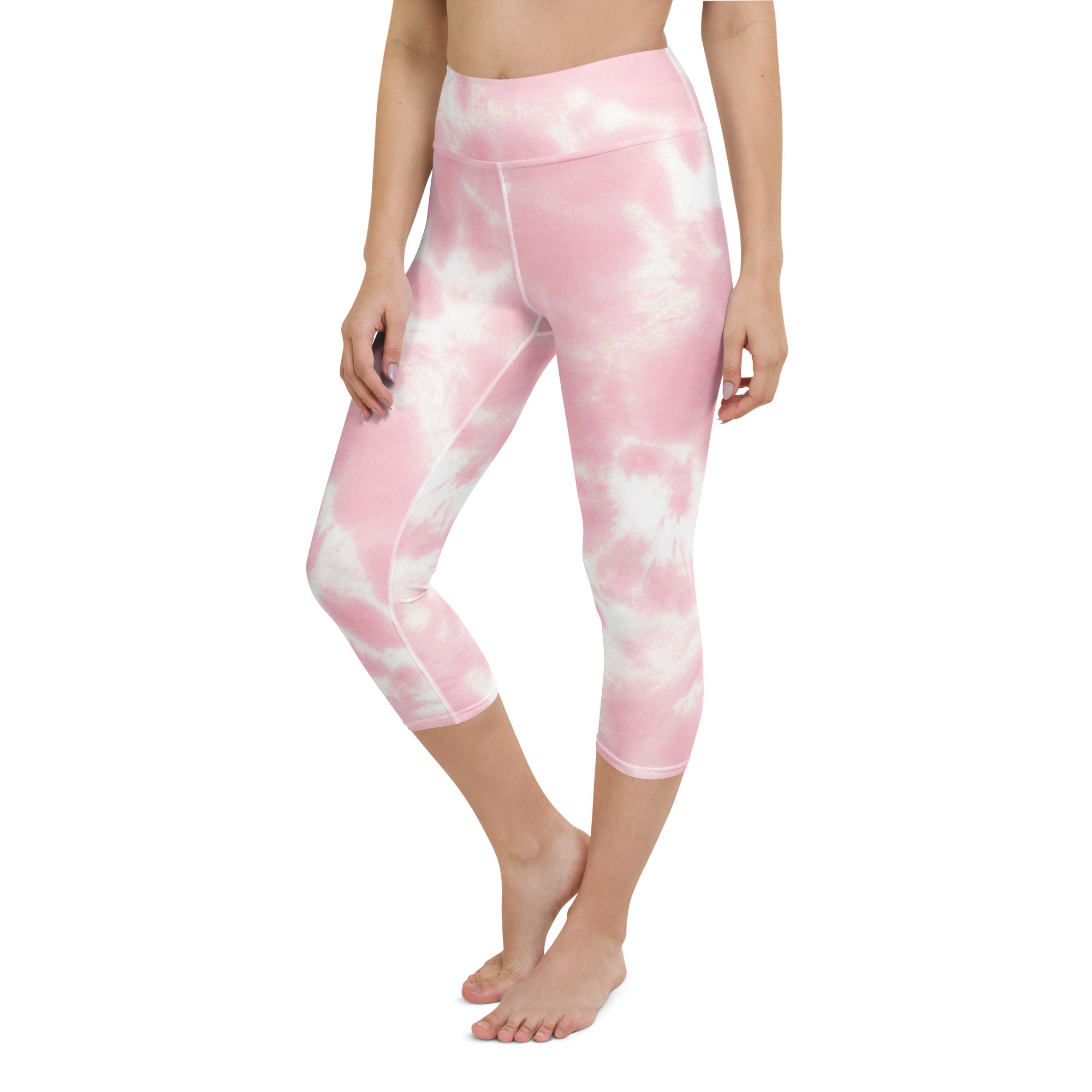Women’s pink and white tie dye buttery soft high rise moisture wicking capri leggings for yoga and activewear