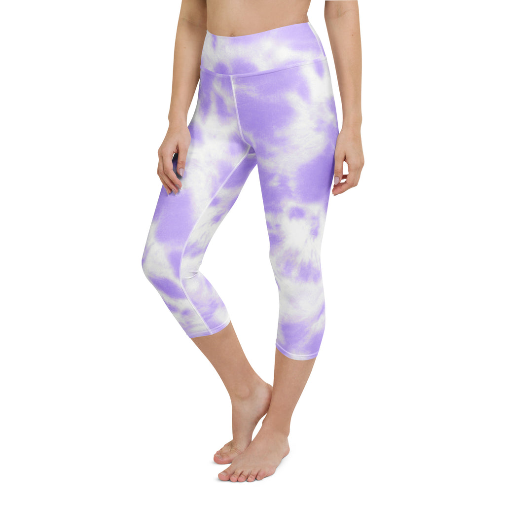 Women’s purple and white tie dye high rise buttery soft moisture wicking yoga capri leggings with soft stretch fabric