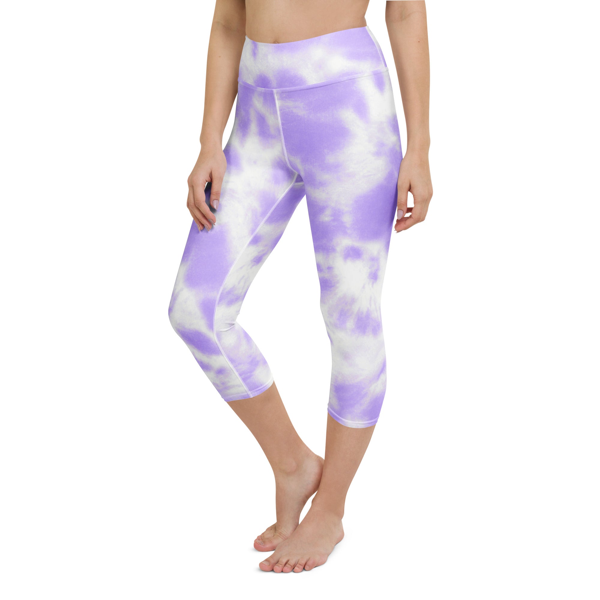 Women’s purple and white tie dye high rise buttery soft moisture wicking yoga capri leggings with soft stretch fabric