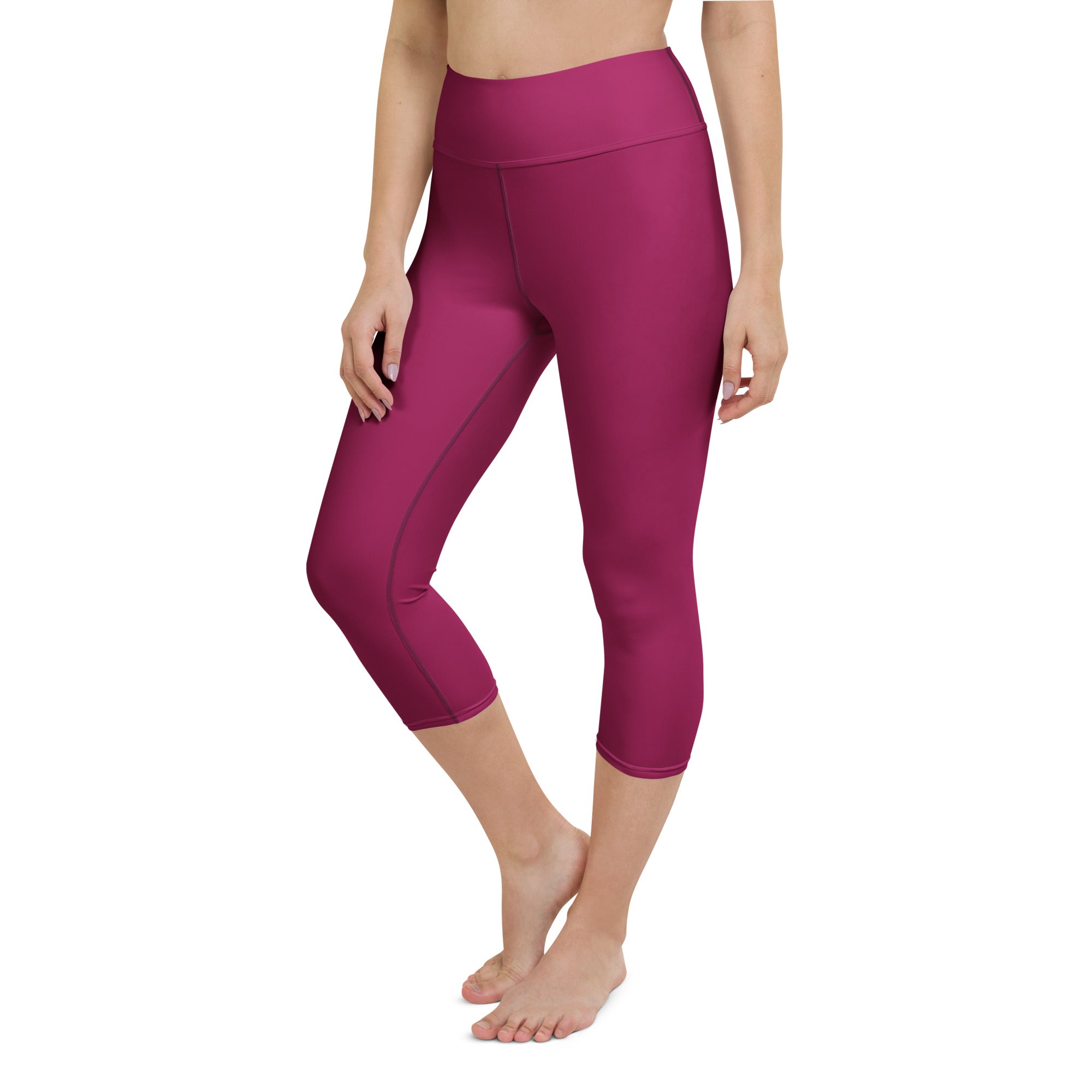 Women’s burgundy high-rise yoga capri leggings made of buttery soft moisture-wicking stretchy fabric