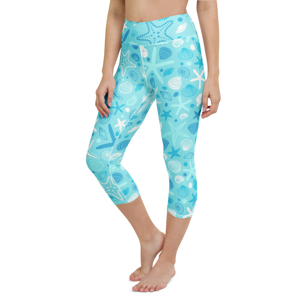 Women’s light blue starfish and shells buttery soft high-rise capri leggings with moisture-wicking stretch fabric