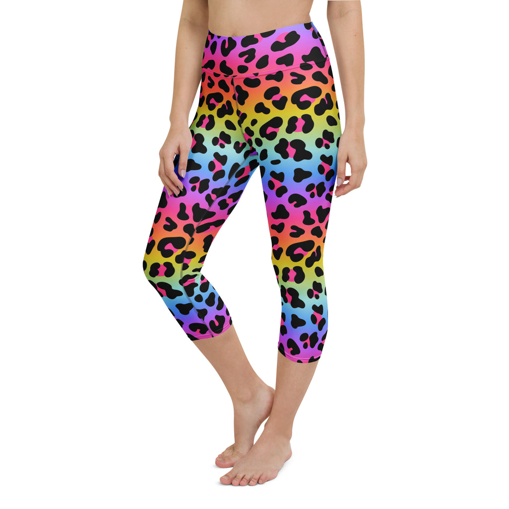 Women’s rainbow leopard buttery soft high-rise yoga capri leggings with moisture-wicking stretch fabric