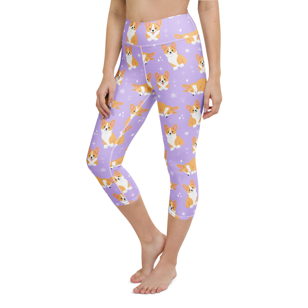 Women’s purple buttery soft high-rise capri leggings with orange white corgi pattern and moisture-wicking fabric