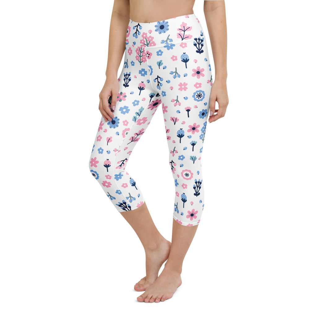 White capri leggings with pink and blue floral pattern black stems buttery soft high-rise moisture-wicking activewear