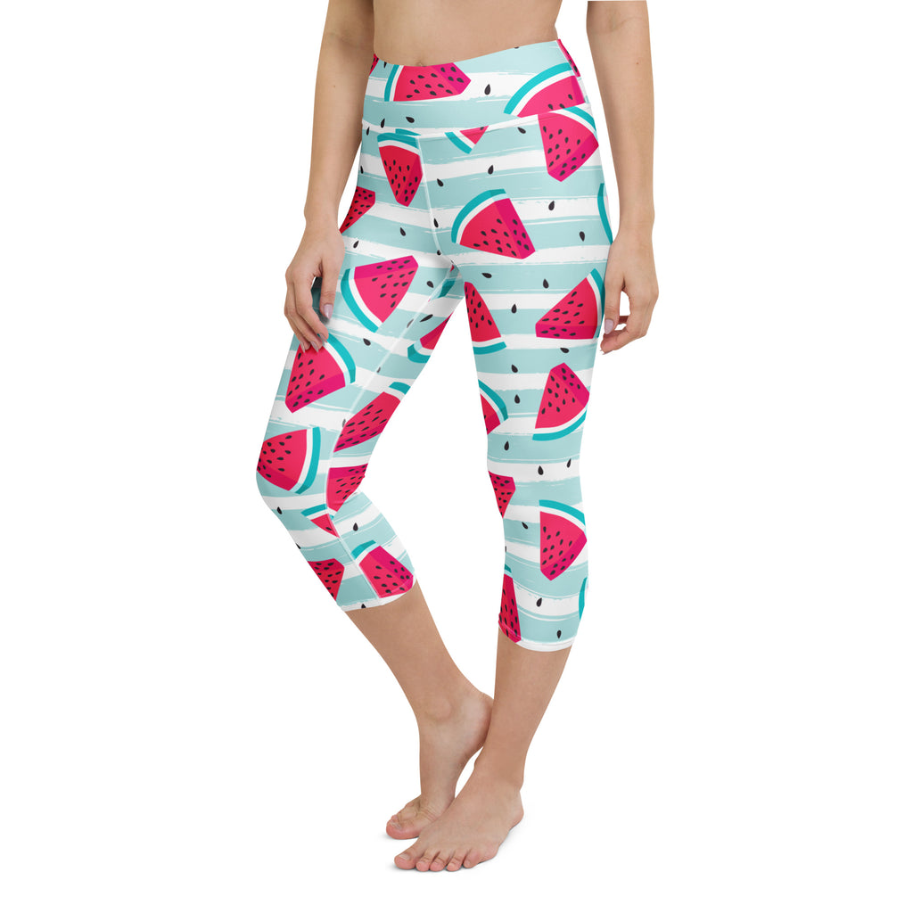 Women’s watermelon stripe high-rise capri leggings in vibrant pink and teal with buttery soft moisture-wicking fabric
