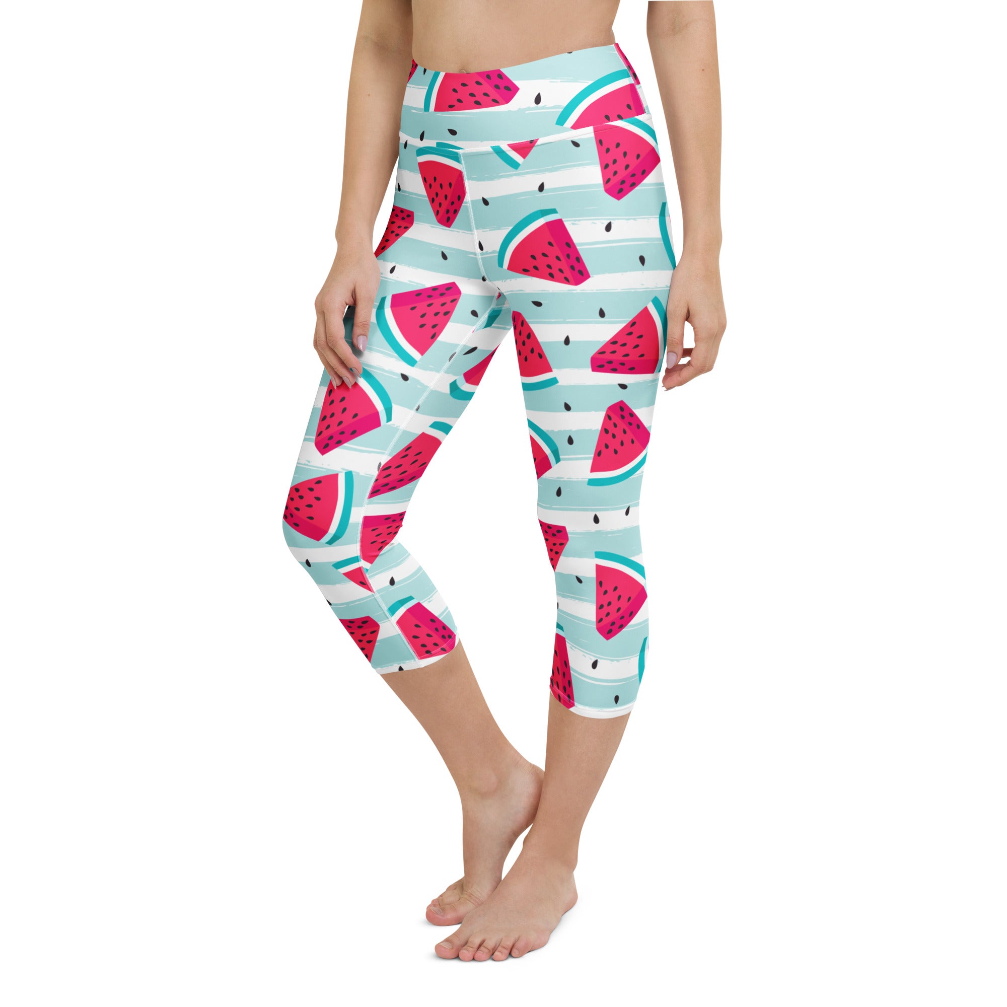 Women’s watermelon stripe high-rise capri leggings in vibrant pink and teal with buttery soft moisture-wicking fabric