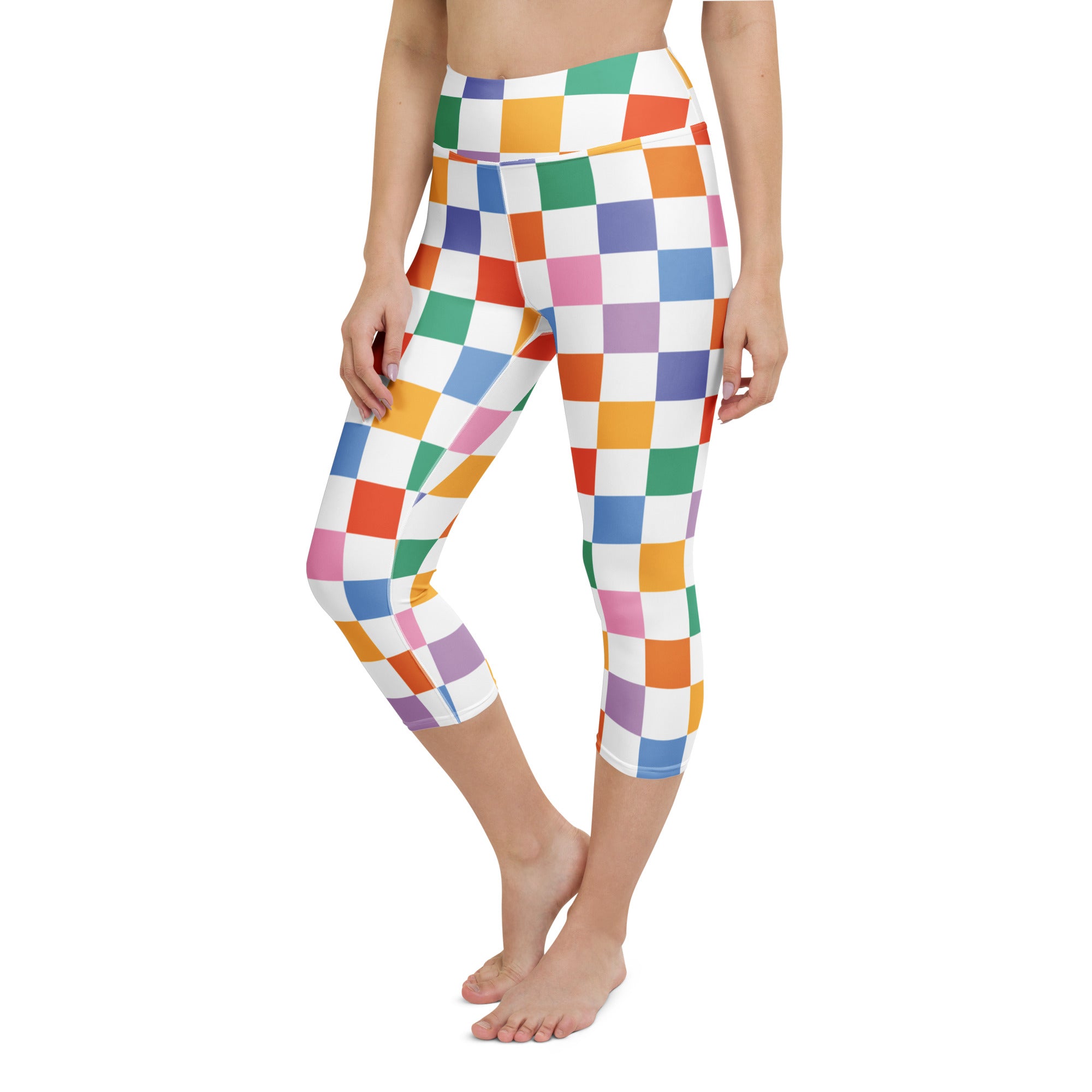 Women’s colorful checkered buttery soft yoga capri leggings with high-rise waistband and moisture-wicking stretch fabric