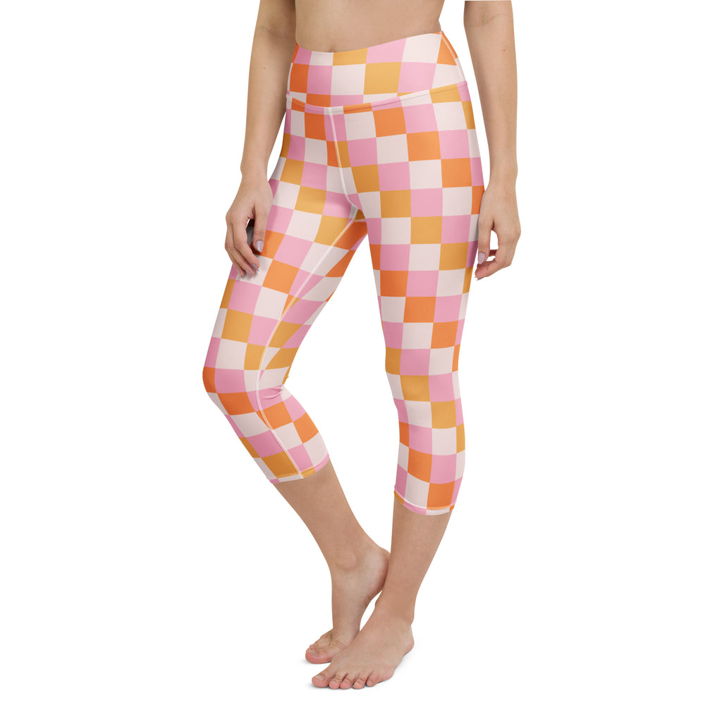 Women’s pink and orange checkered buttery soft high-rise capri leggings moisture-wicking stretch activewear