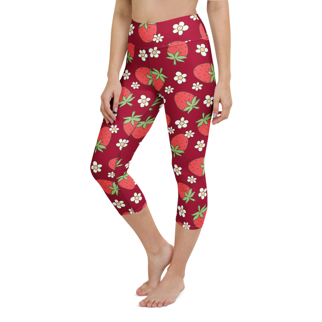 Women’s high-rise buttery soft yoga capri leggings with red strawberry and white daisy pattern and moisture-wicking fabric