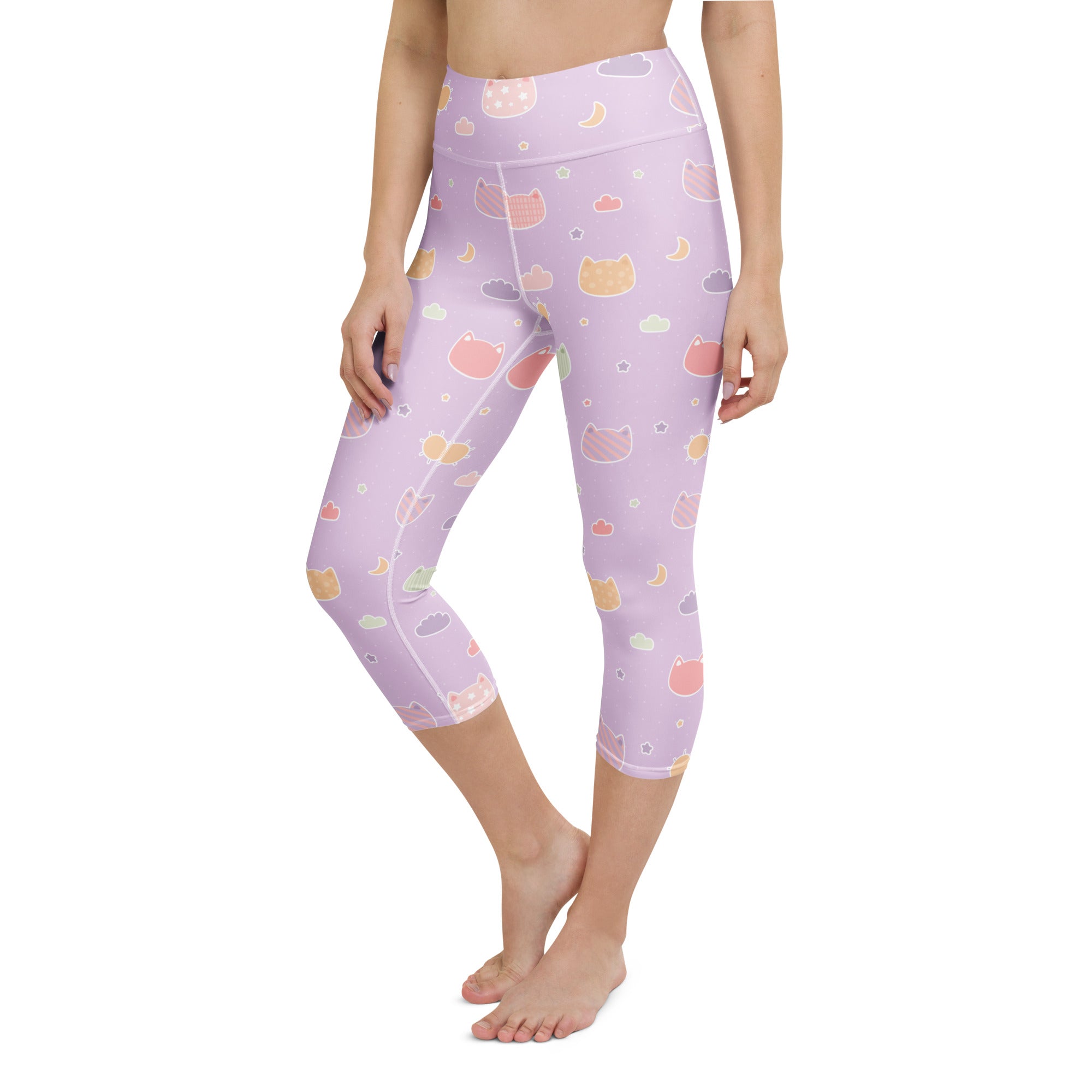 Women’s pastel lavender kawaii cats and clouds buttery soft high-rise moisture-wicking yoga capri leggings
