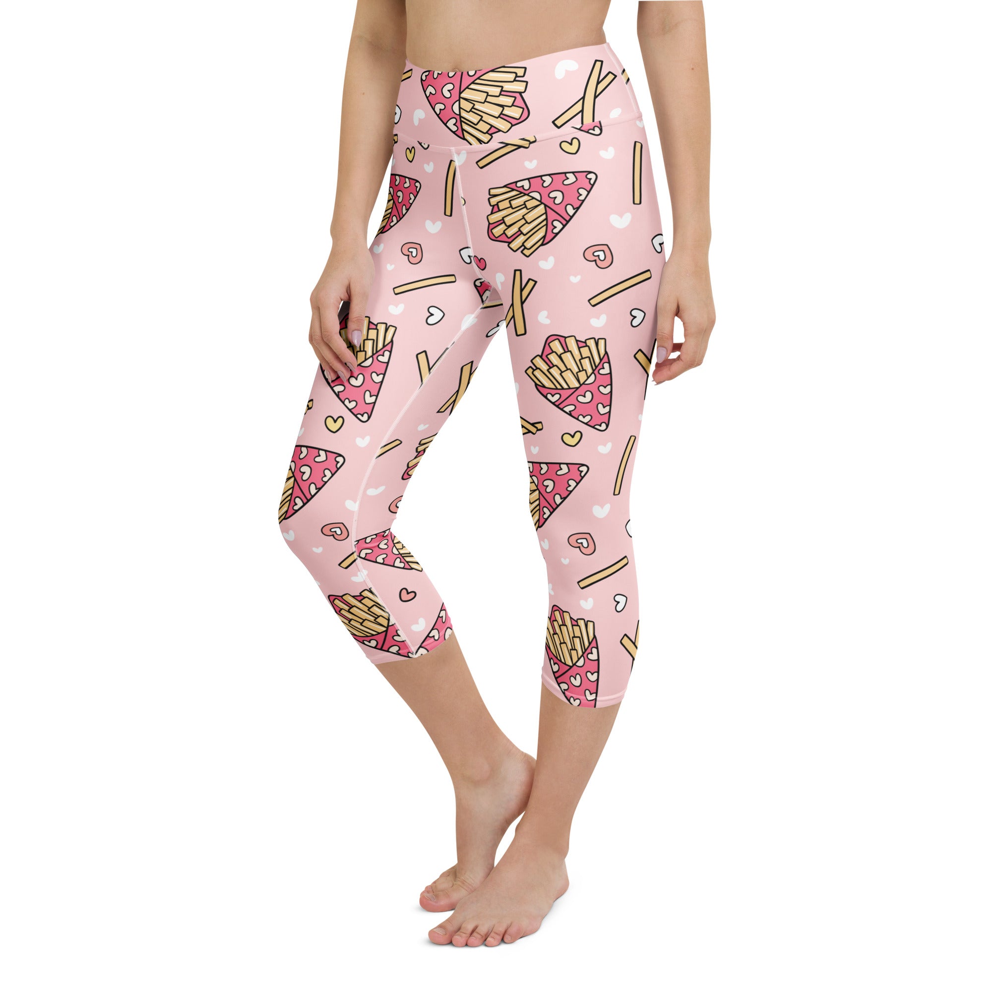 Women’s high-rise pink capri leggings with cartoon french fries and hearts pattern buttery soft moisture-wicking fabric