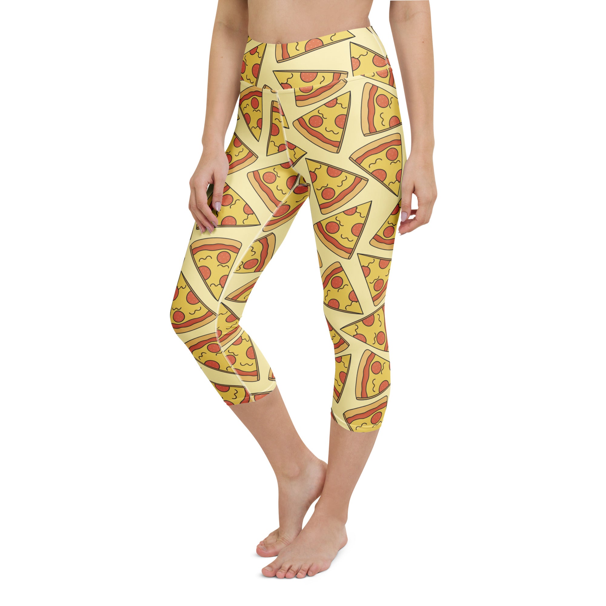 Yellow pizza slice patterned buttery soft high-rise yoga capri leggings with moisture-wicking stretch fabric