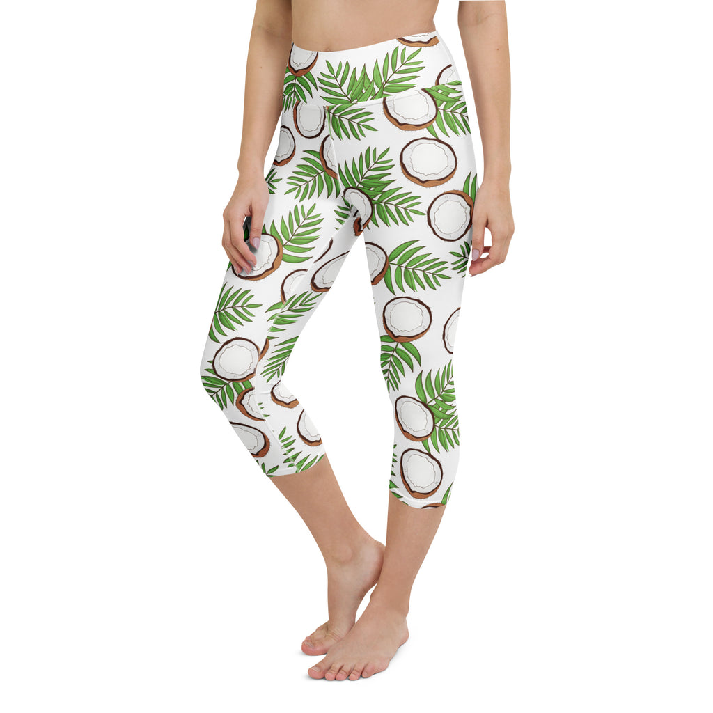 White capri leggings with a vibrant tropical coconut palm pattern high-rise buttery soft moisture-wicking fabric