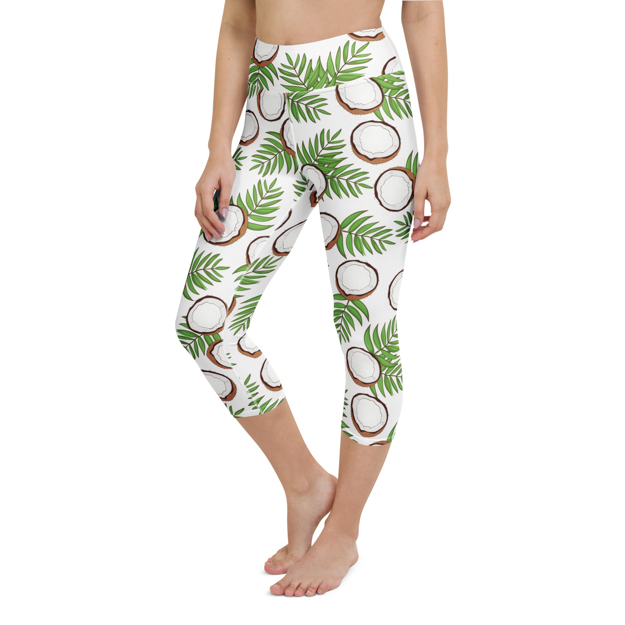 White capri leggings with a vibrant tropical coconut palm pattern high-rise buttery soft moisture-wicking fabric