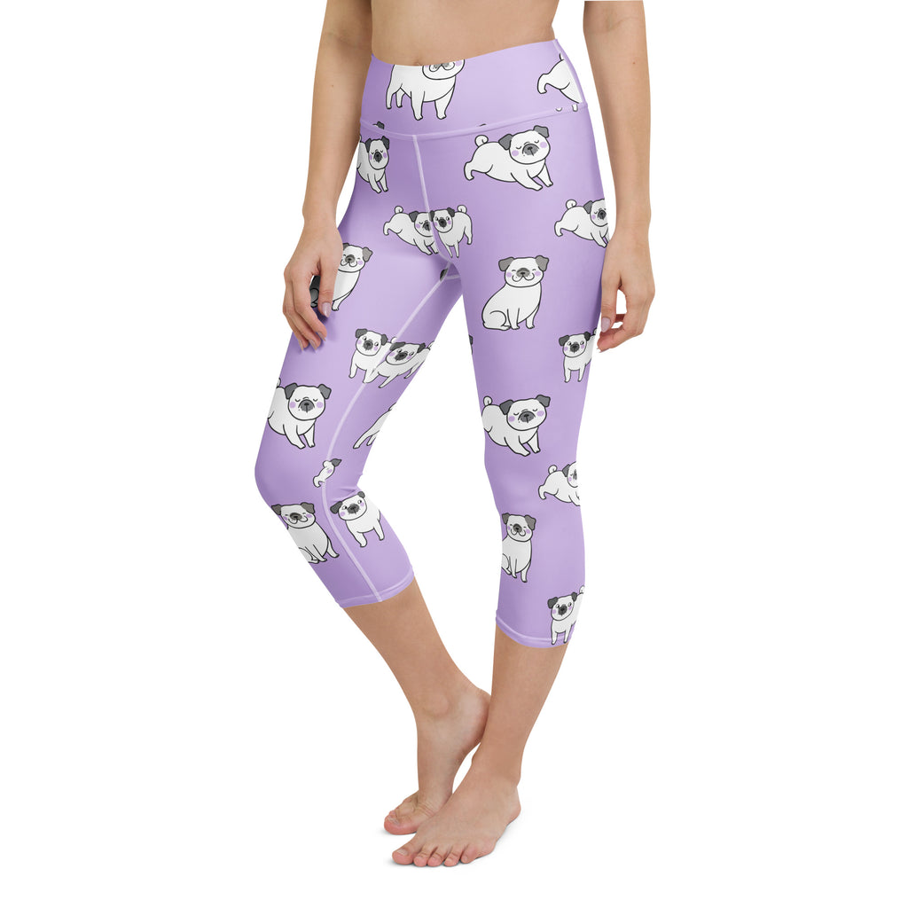 Women’s purple pug buttery soft high-rise yoga capri leggings with white pug pattern moisture-wicking stretch