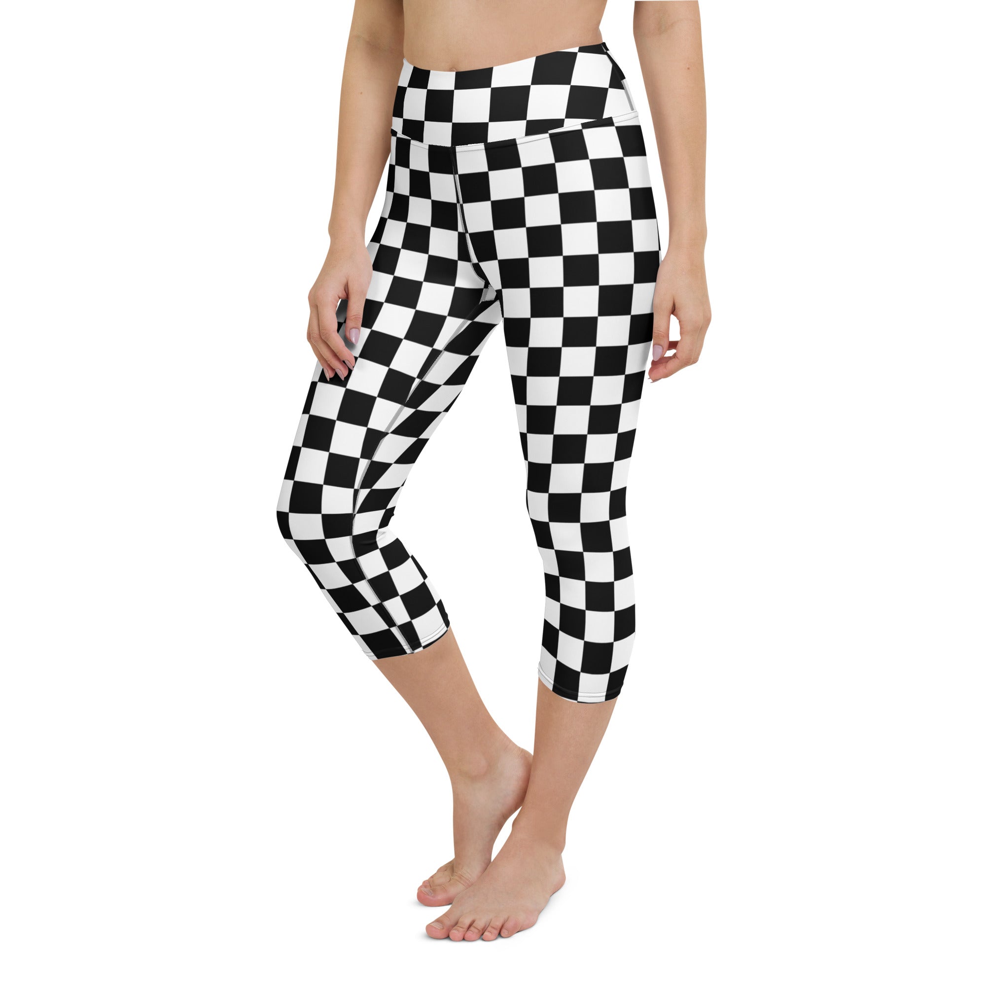 Women’s black and white checkered buttery soft high-rise moisture-wicking yoga capri leggings front view