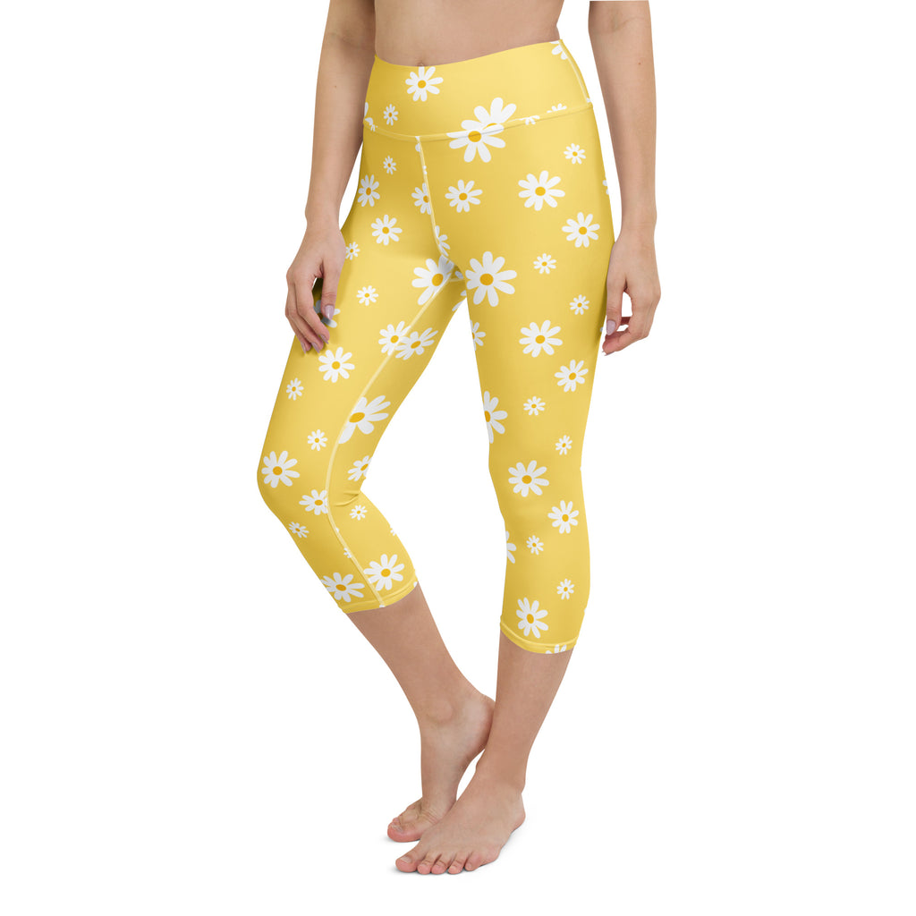 Women's Yellow Daisy Buttery Soft Yoga Capri Leggings – High-Rise, Moisture-Wicking, Soft Stretch Activewear Pants