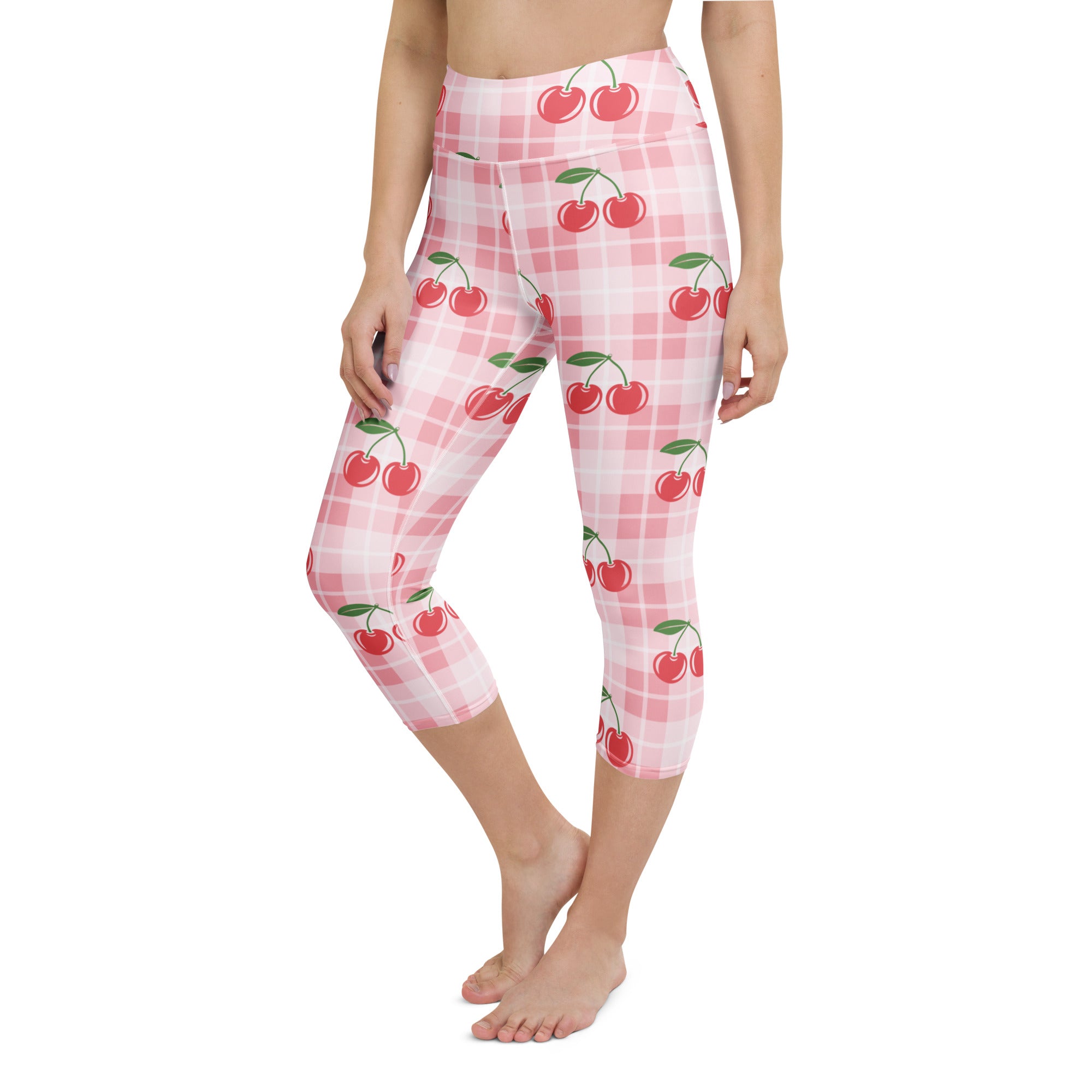 Women’s high-rise pink and white plaid capri leggings with red cherry pattern moisture-wicking soft stretch