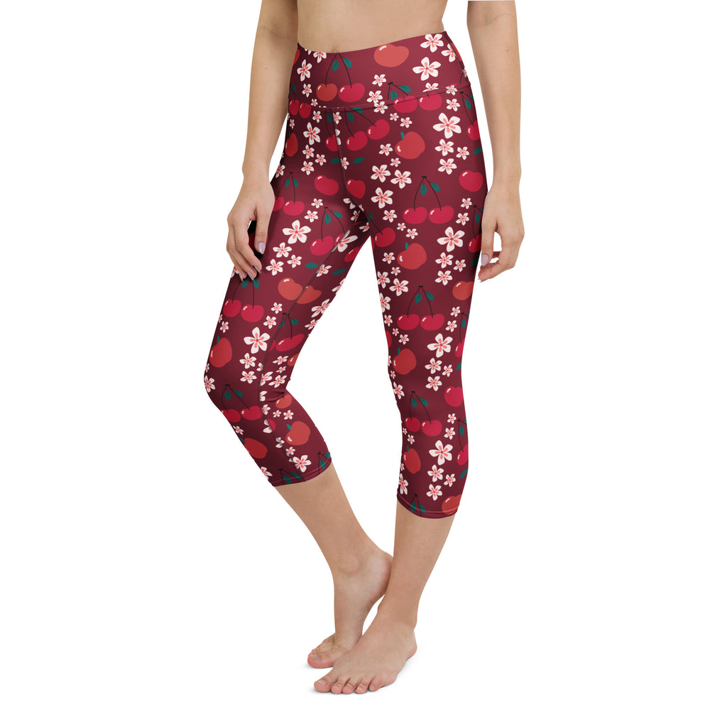 Women’s high-rise cherry blossom yoga capri leggings with red cherry and pink flower print buttery soft fabric