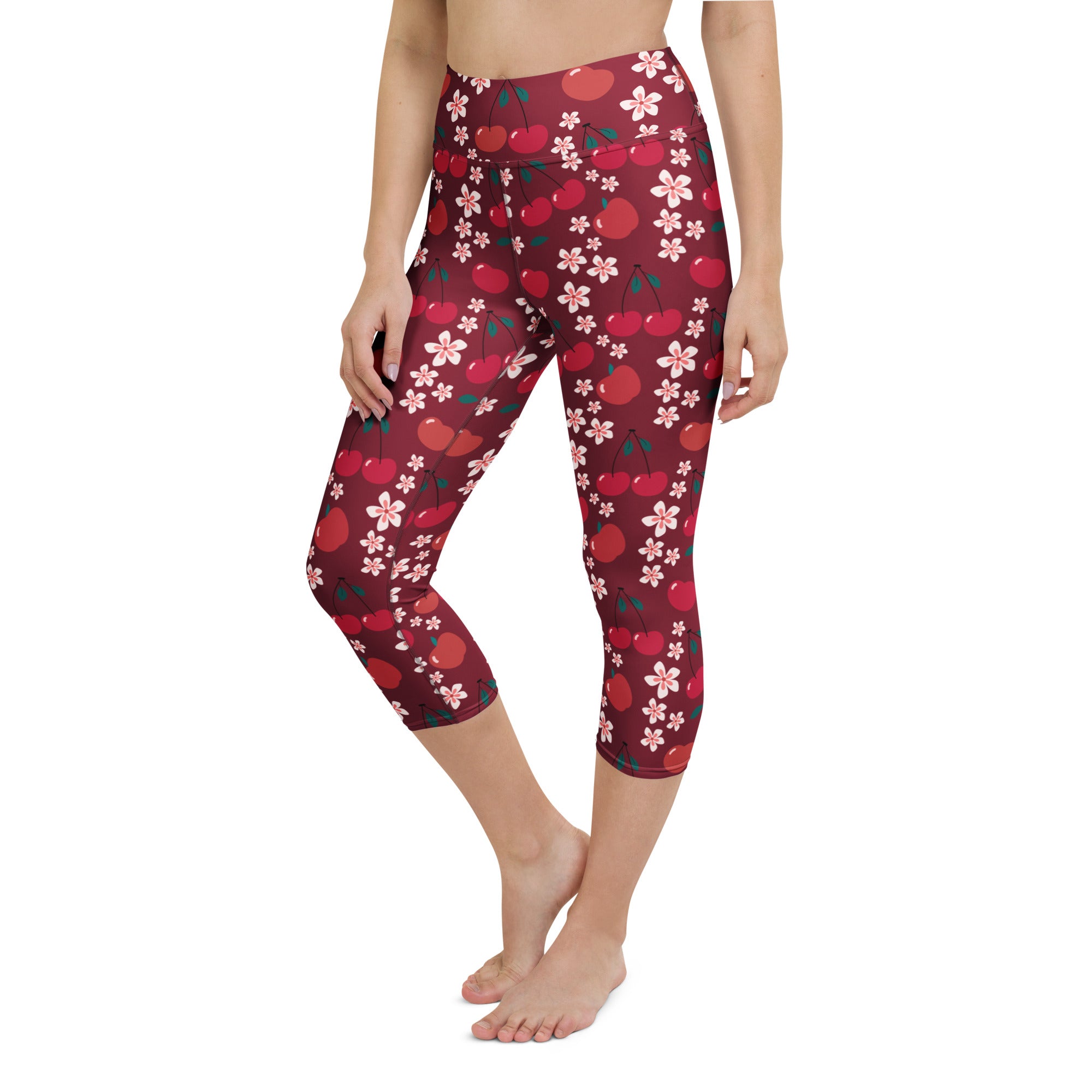 Women’s high-rise cherry blossom yoga capri leggings with red cherry and pink flower print buttery soft fabric