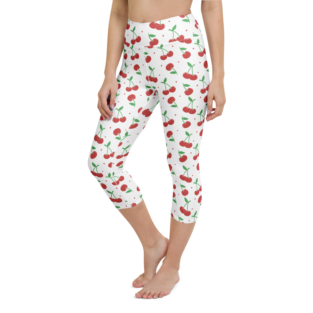 Women’s white cherry print buttery soft high-rise capri leggings with moisture-wicking stretch fabric