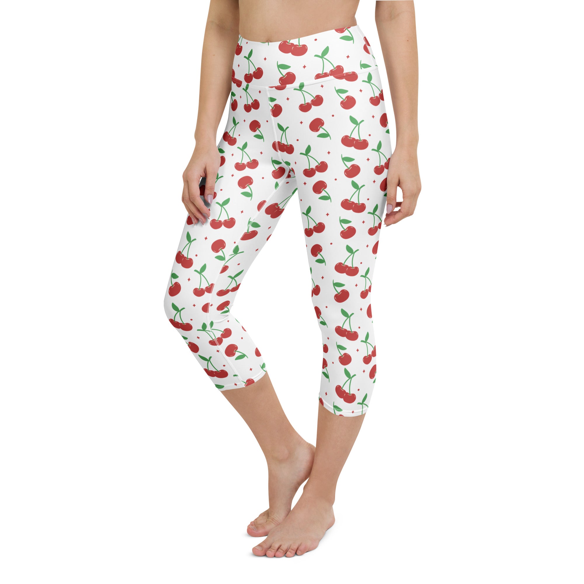 Women’s white cherry print buttery soft high-rise capri leggings with moisture-wicking stretch fabric