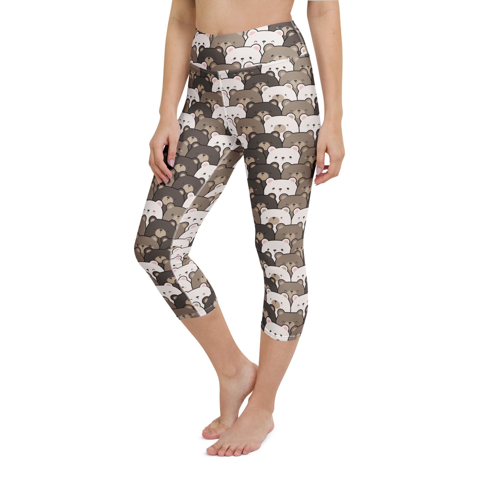 Women’s high-rise buttery soft yoga capri leggings with white and brown bear faces on dark gray moisture-wicking fabric