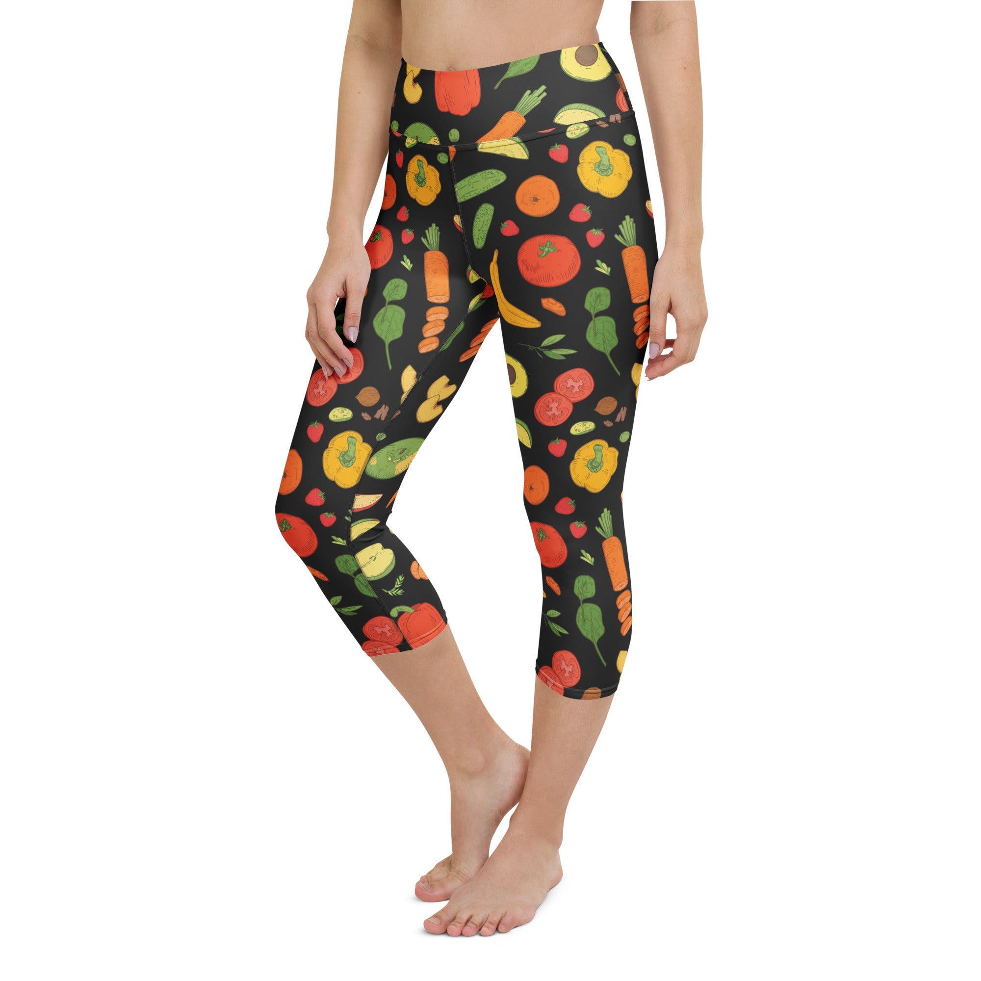 Black women’s high-rise vegetable print buttery soft yoga capri leggings with moisture-wicking stretch fabric