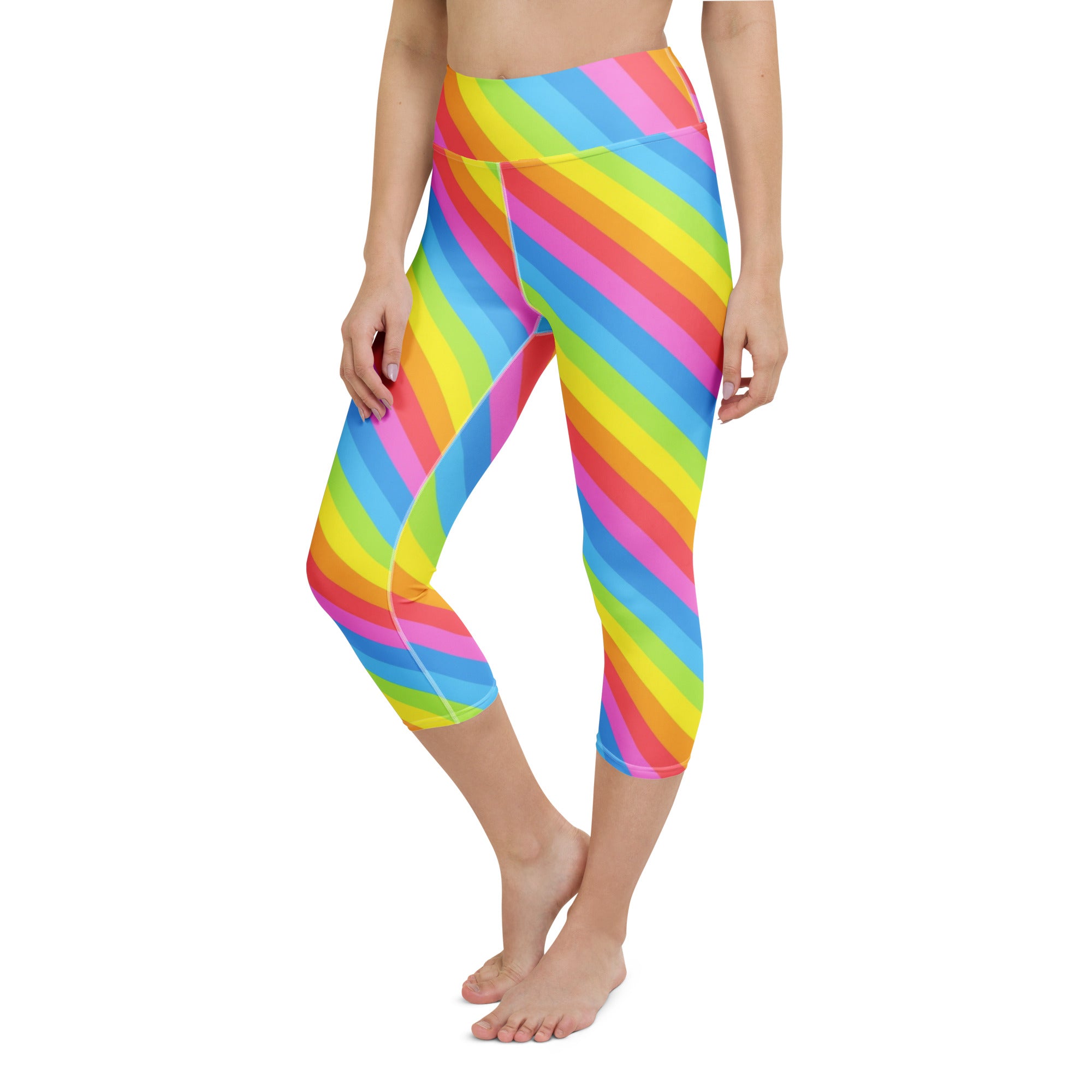 Women's Rainbow Stripe Buttery Soft Yoga Capri Leggings – High-Rise, Moisture-Wicking, Soft Stretch Activewear Pants