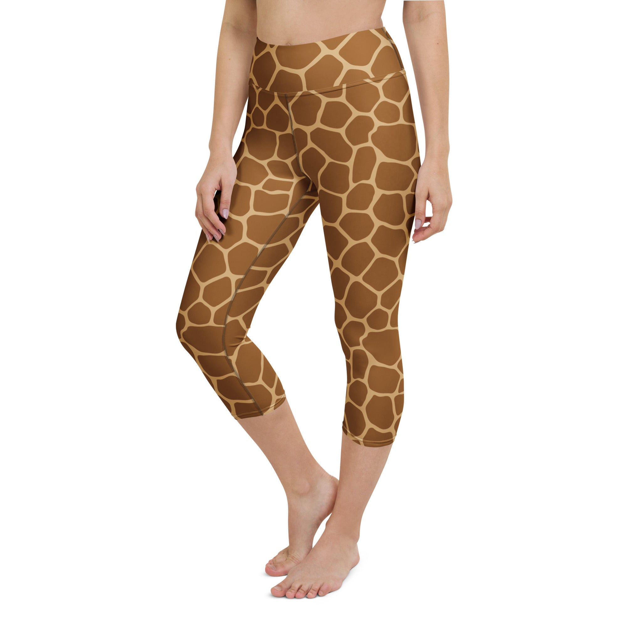 Women’s giraffe print buttery soft yoga capri leggings in brown and tan featuring high-rise moisture-wicking stretch