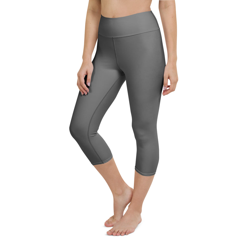 Women’s gray high-rise buttery soft yoga capri leggings made of smooth stretchy moisture-wicking fabric