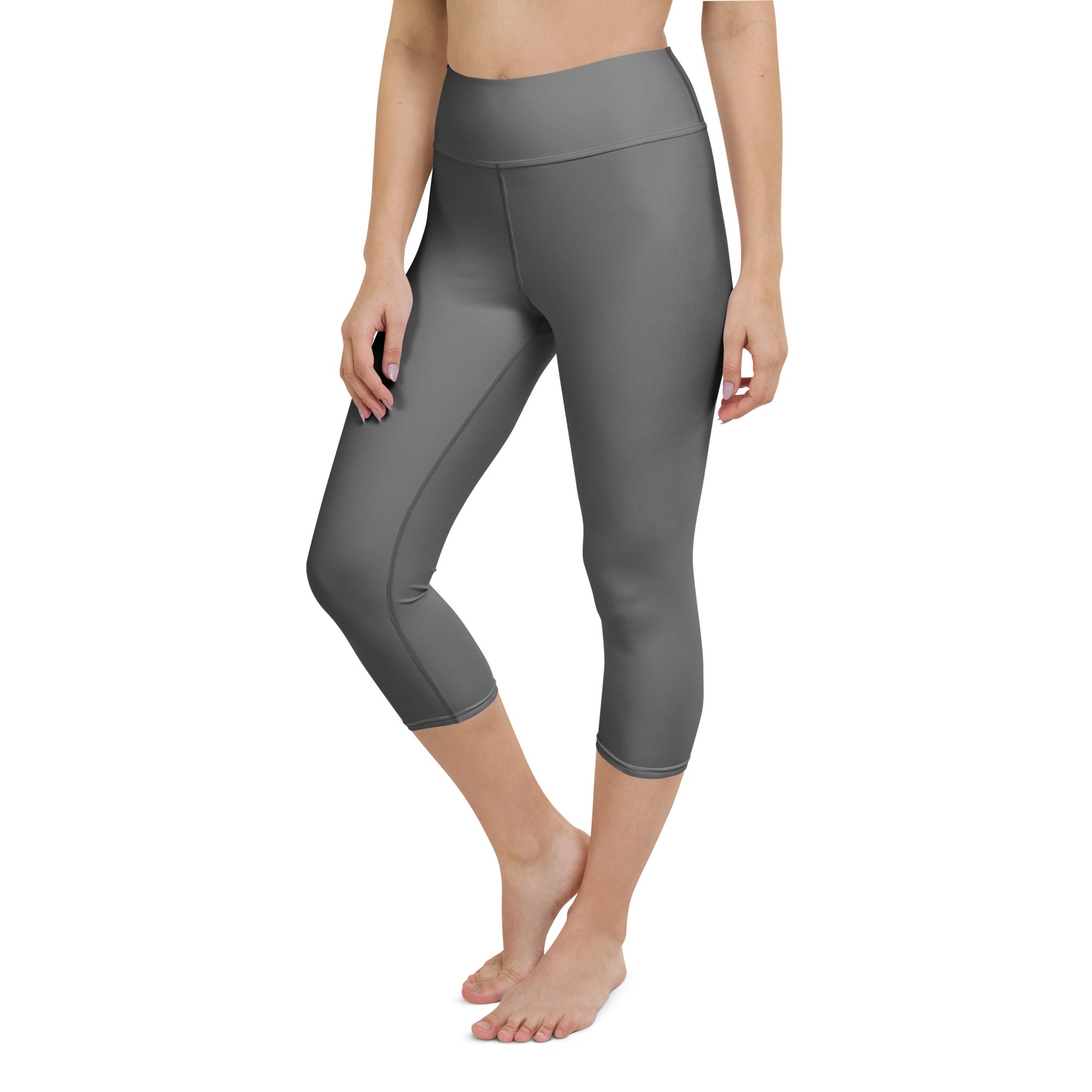 Women’s gray high-rise buttery soft yoga capri leggings made of smooth stretchy moisture-wicking fabric